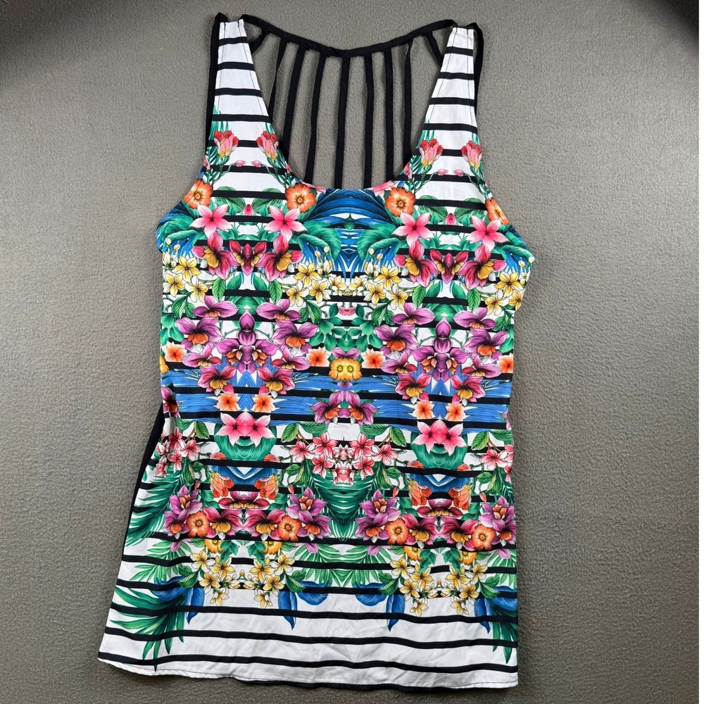 OP Ocean Pacific Tank Top Womens L Floral Striped Strappy‎ Cage Back Beach Boho